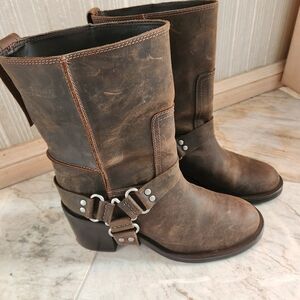 ZARA New Wide Heeled Buckle Biker Boots Leather Suede 7.5
